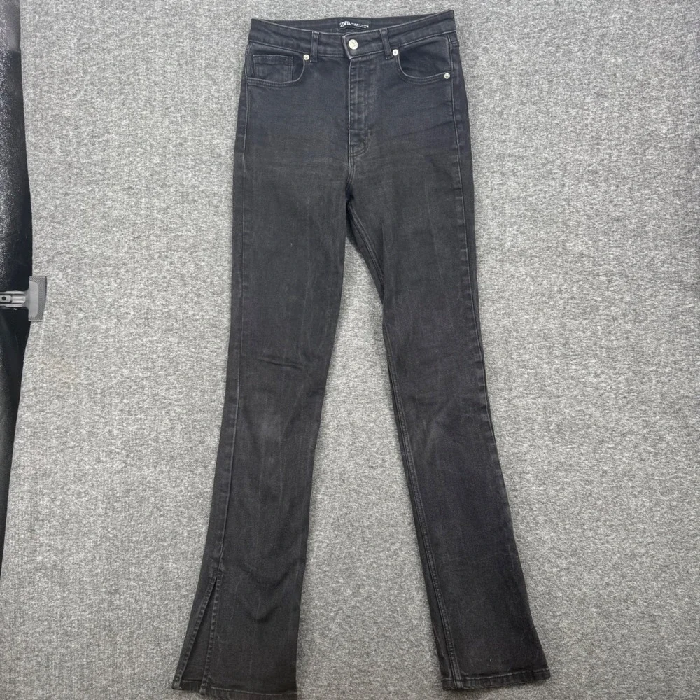 Zara Womens High Rise Kick Flare Jeans Washed Black Side Slit Hem Size 6‎